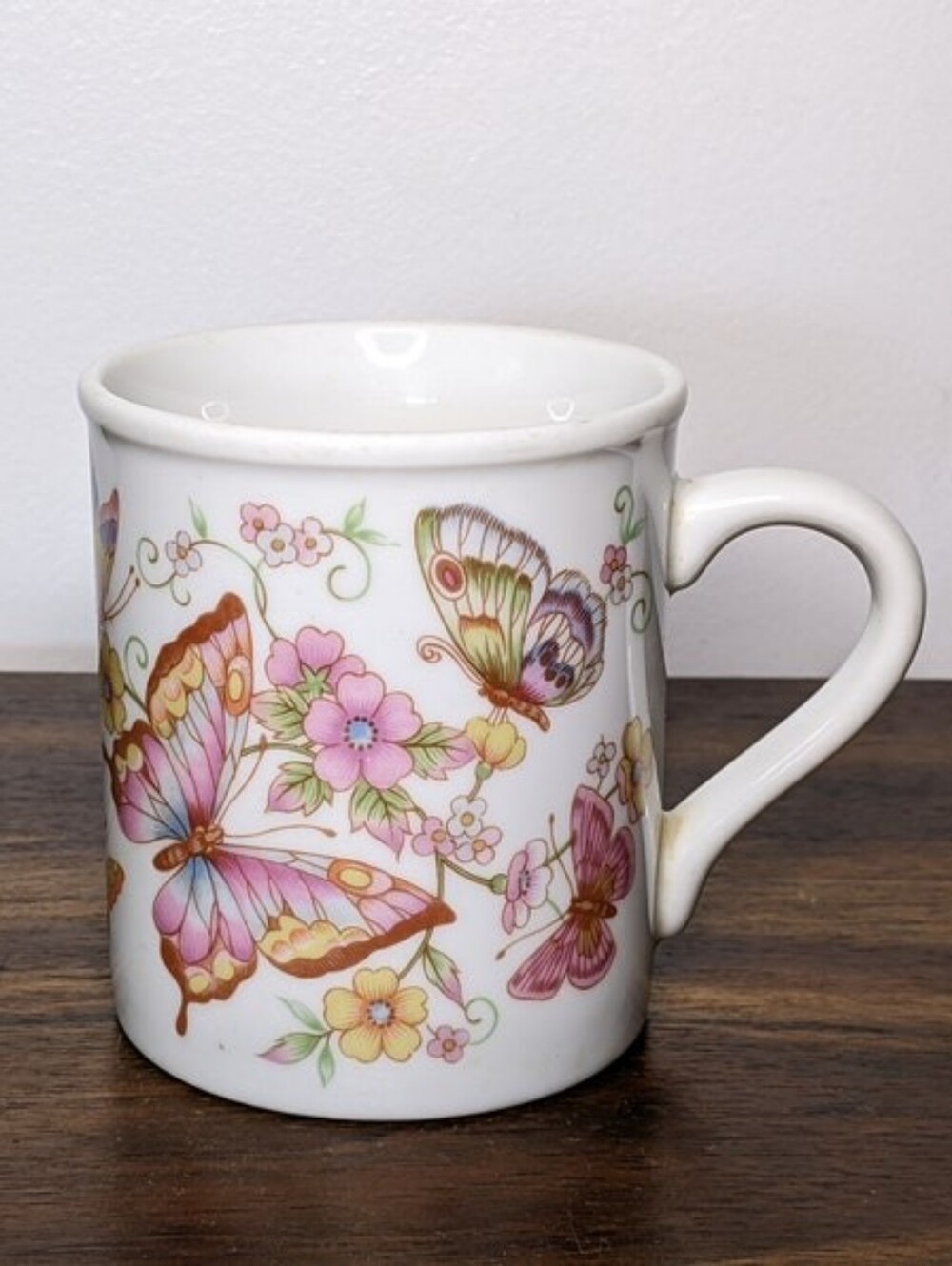 White Ceramic Butterfly Floral Mug - Elegant Pink & Yellow Design